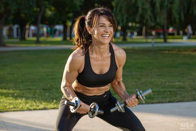 Mulher brasileira madura treinando com halter em parque — emagrecer após os 40 anos