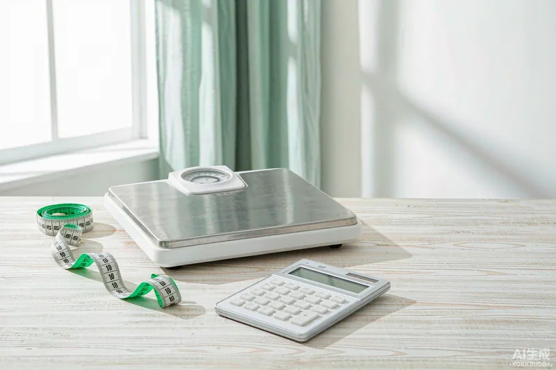 Balança, fita métrica e calculadora sobre a mesa — calculadora de IMC grátis