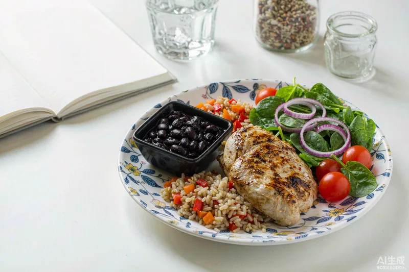 Prato brasileiro equilibrado com frango grelhado e salada — quantas calorias por dia para emagrecer
