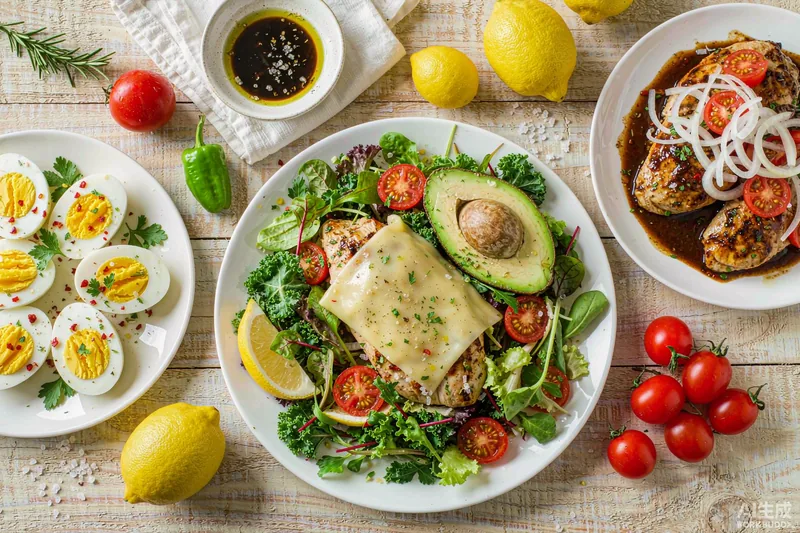 Mesa low carb brasileira com ovos, abacate, queijo e frango — dieta low carb