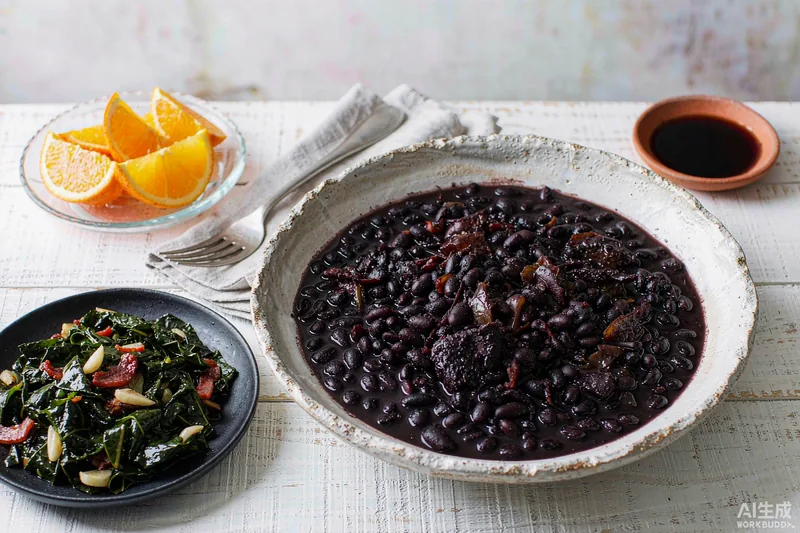 Feijoada em tigela de barro com couve e laranja — feijoada low carb