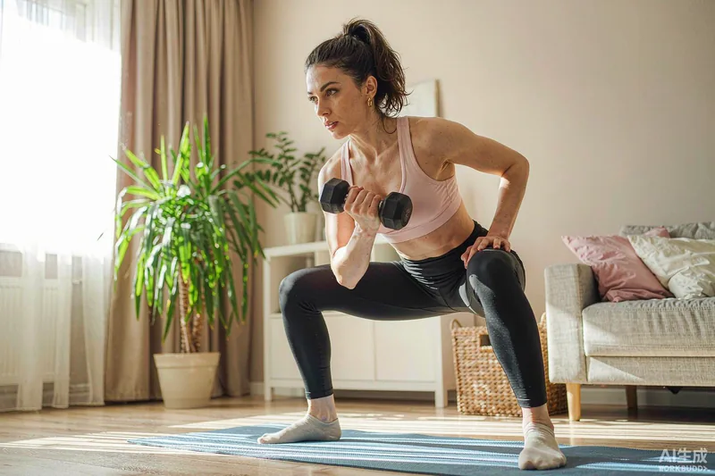 Mulher treinando em casa com halter em sala iluminada — exercícios para emagrecer