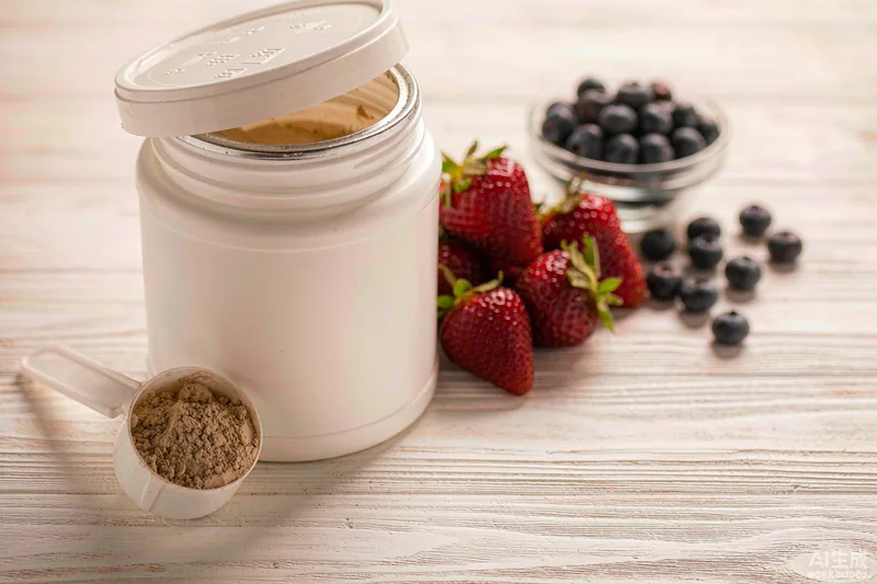 Pote de whey protein sem rótulo com colher medidora e frutas — suplementos para emagrecer com evidência